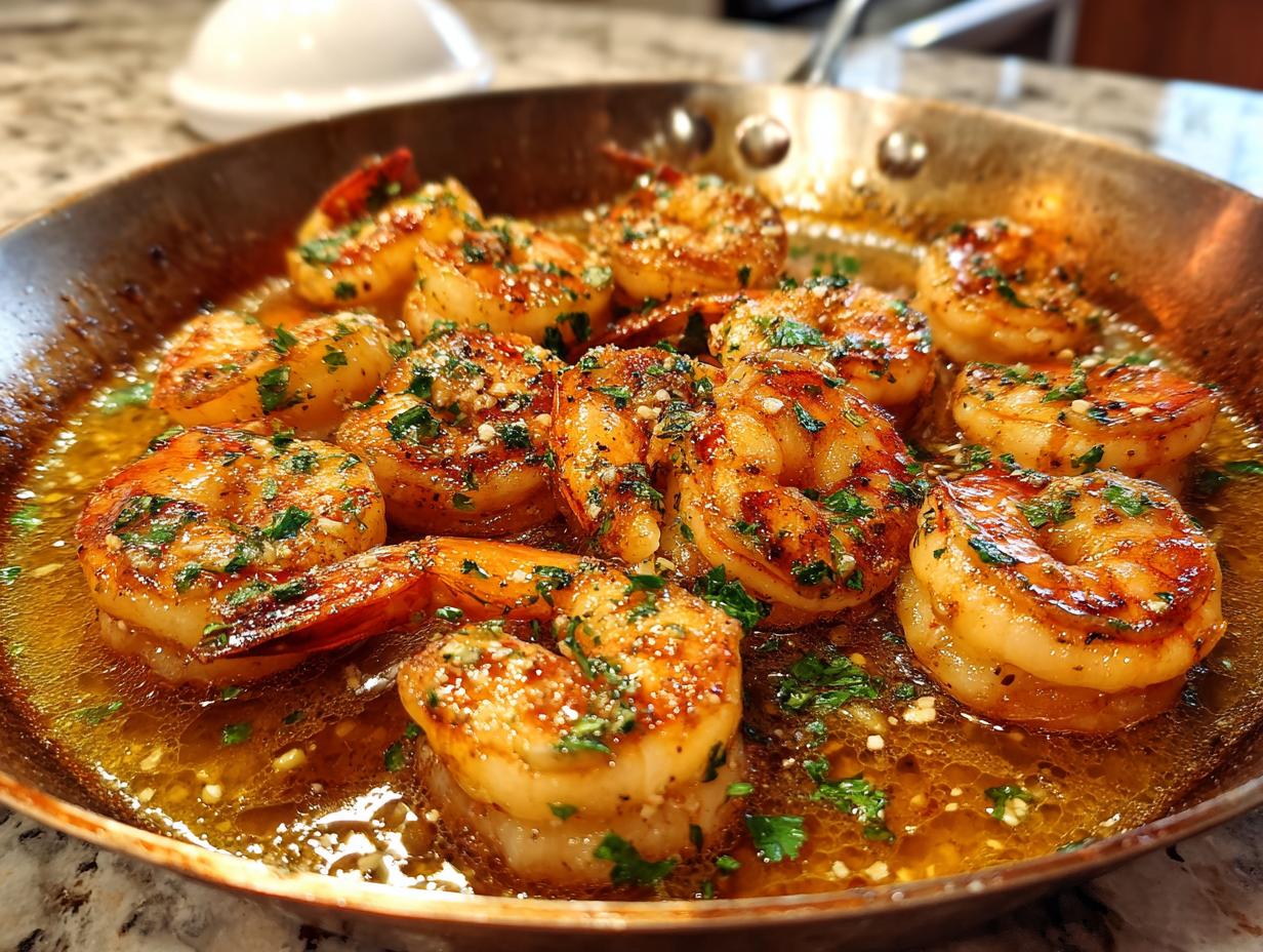 Close-up of golden-brown Garlic Butter Shrimp Skillet with fresh parsley and garlic bits in a copper pan.
