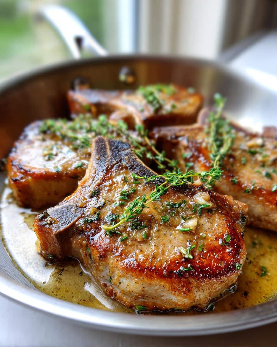 Close-up of four golden-brown Garlic Butter Skillet Pork Chops in a pan, garnished with fresh thyme.
