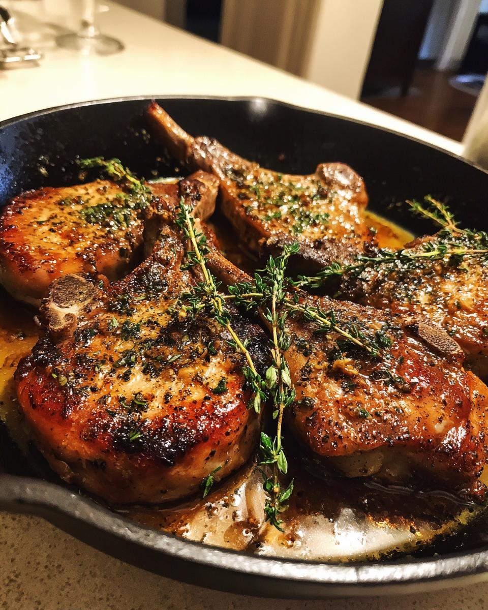 Close-up of four golden-brown Garlic Butter Skillet Pork Chops garnished with fresh thyme in a cast iron skillet.