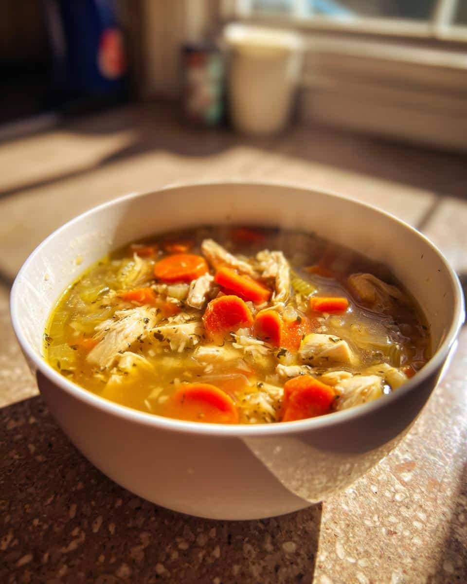 A close-up of a steaming bowl of Ginger Garlic Healing Chicken Soup with carrots, chicken, and herbs.