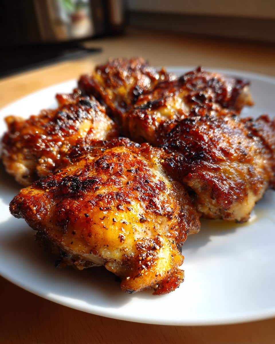 A close-up of several golden brown and crispy Easy Chicken Thighs on a white plate, glistening with seasoning.