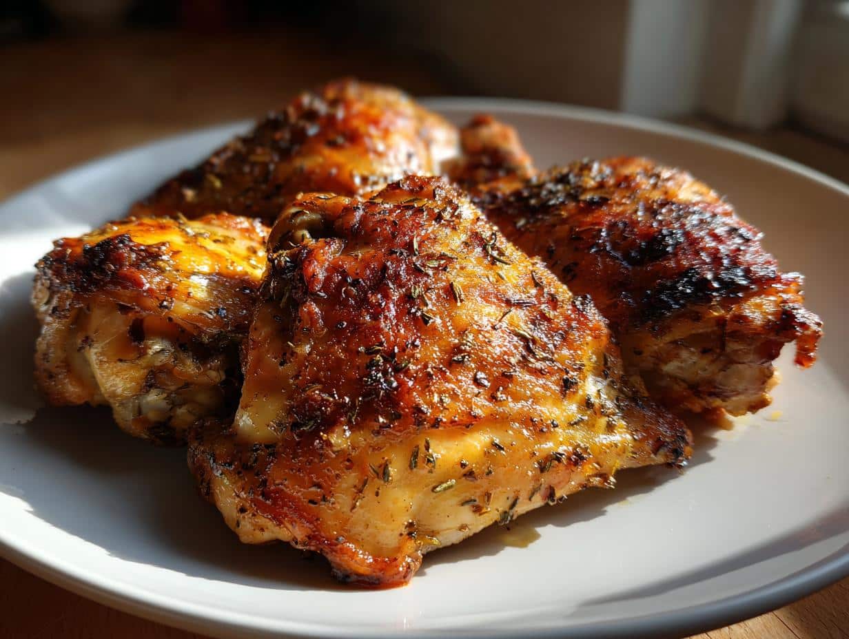 Close-up of four golden brown, crispy Easy Chicken Thighs from Scratch seasoned with herbs on a white plate.