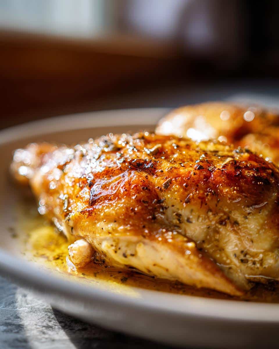 Close-up of a perfectly cooked, golden brown Juicy Oven Baked Chicken Breast on a white plate, glistening with juices and herbs.
