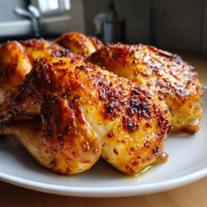 Close-up of golden brown, perfectly cooked Juicy Oven Baked Chicken Breast on a white plate, glistening with juices.