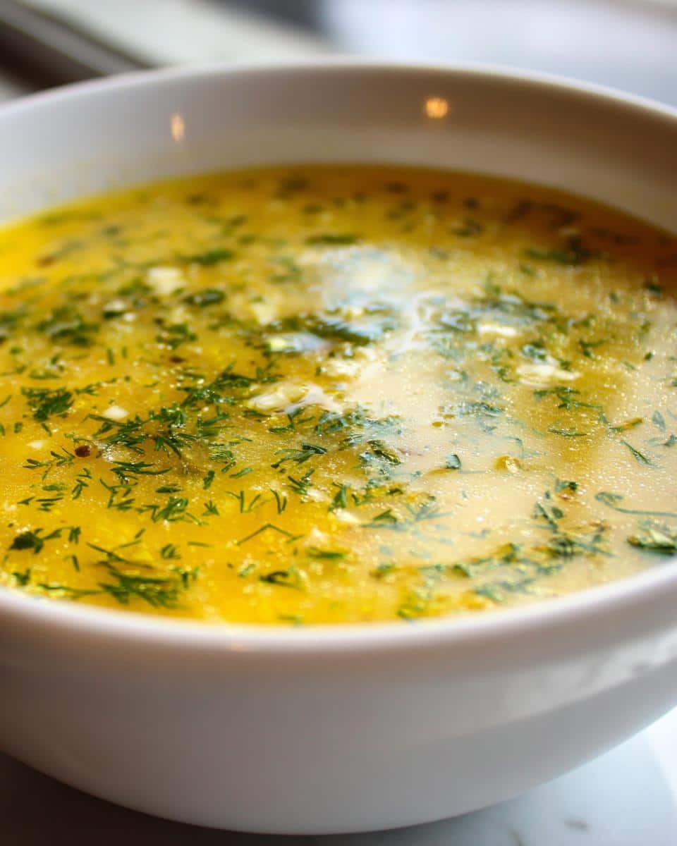 Close-up of a bowl of golden Lemon Herb Soup, garnished with fresh green herbs and small white pieces, possibly cheese or garlic.