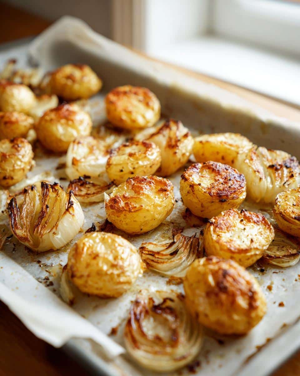 Close-up of golden brown Oven Roasted Potatoes and Onions on a baking sheet lined with parchment paper.