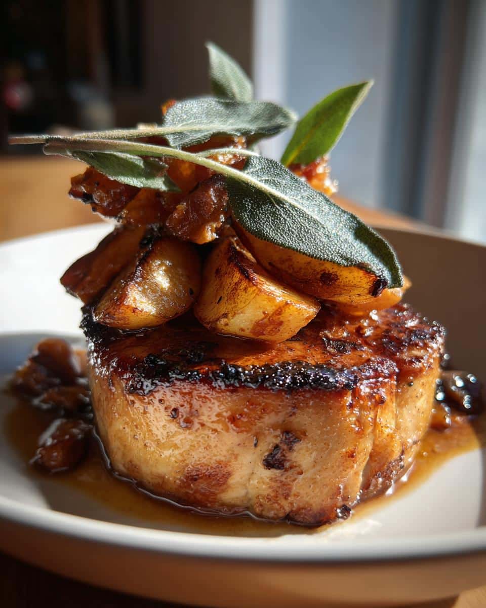 A perfectly cooked Apple Sage Pork Chops, topped with caramelized apple chunks and fresh sage leaves on a white plate.