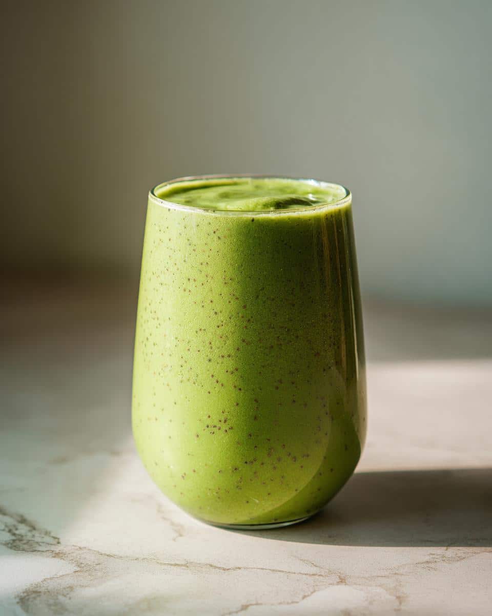 A tall glass filled with a vibrant green detox smoothie, showing small flecks from blended ingredients.