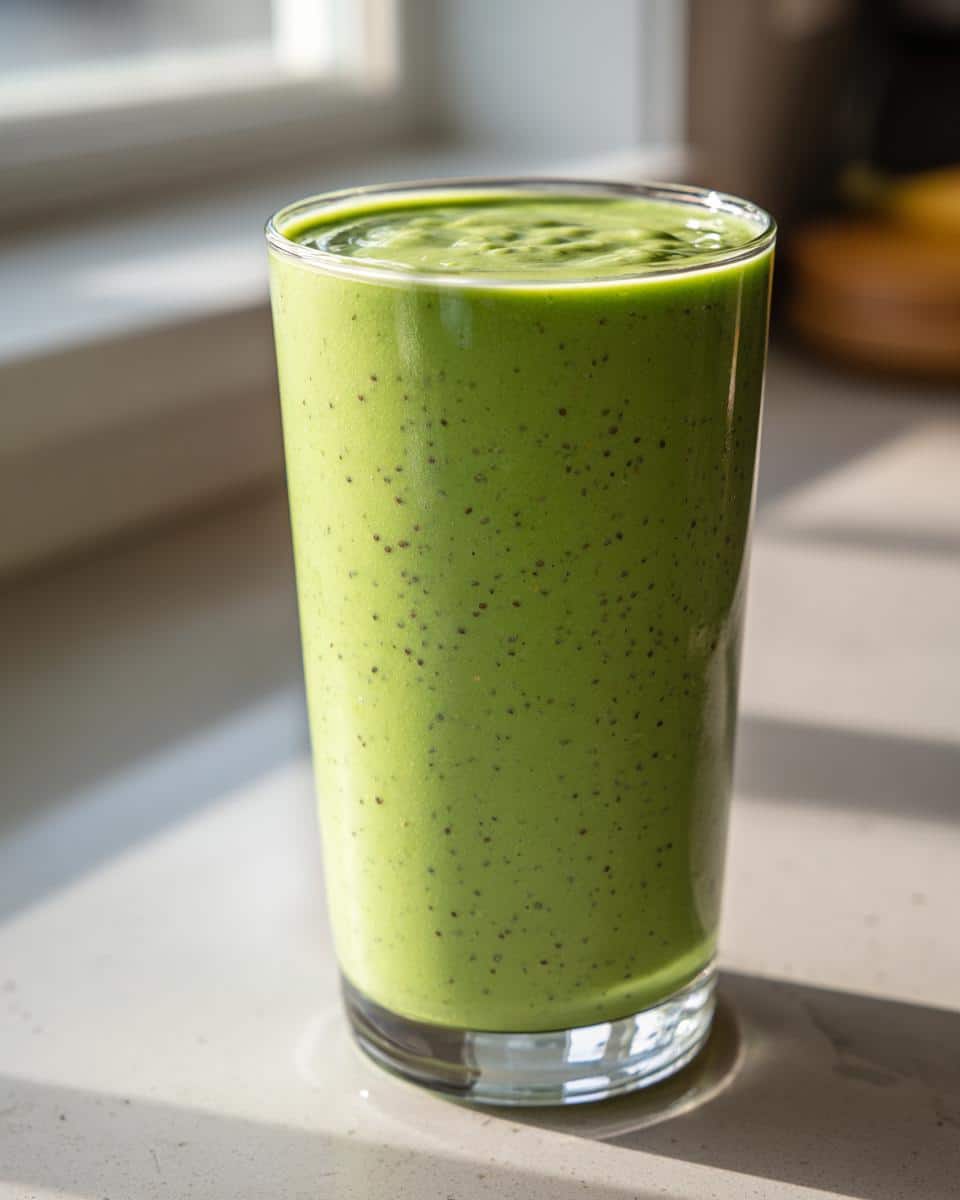 A tall glass filled with a vibrant Green Detox Smoothie, showing a smooth texture with small dark specks.