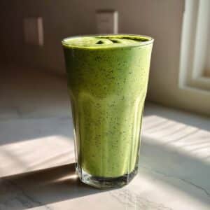A tall glass filled with a vibrant green detox smoothie, showing small specks from ingredients.