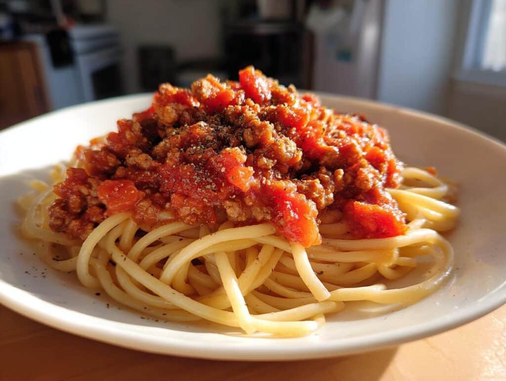 A close-up of a serving of Ground Turkey Bolognese over spaghetti noodles on a white plate, seasoned with herbs.