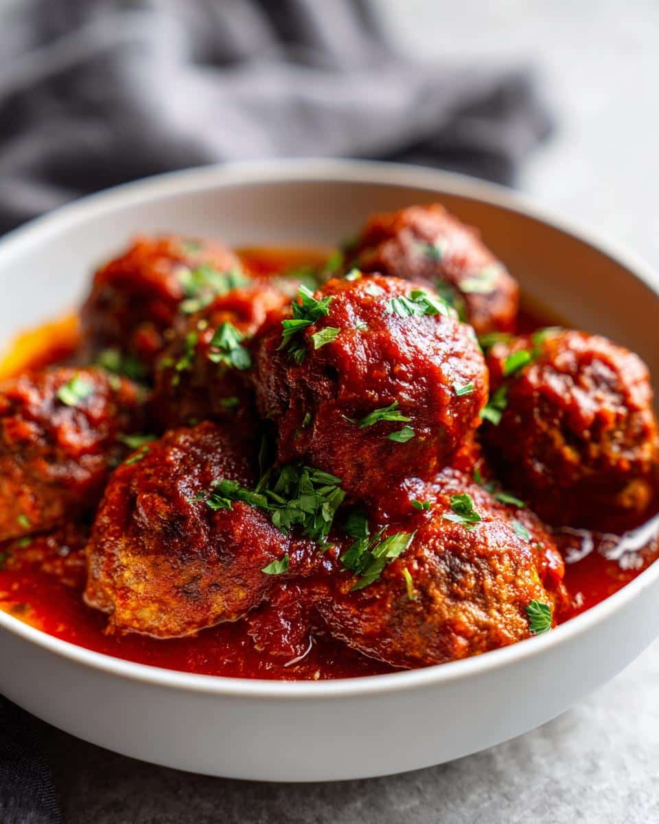 Close-up of a white bowl filled with juicy Ground Turkey Meatballs Marinara, garnished with fresh chopped parsley.