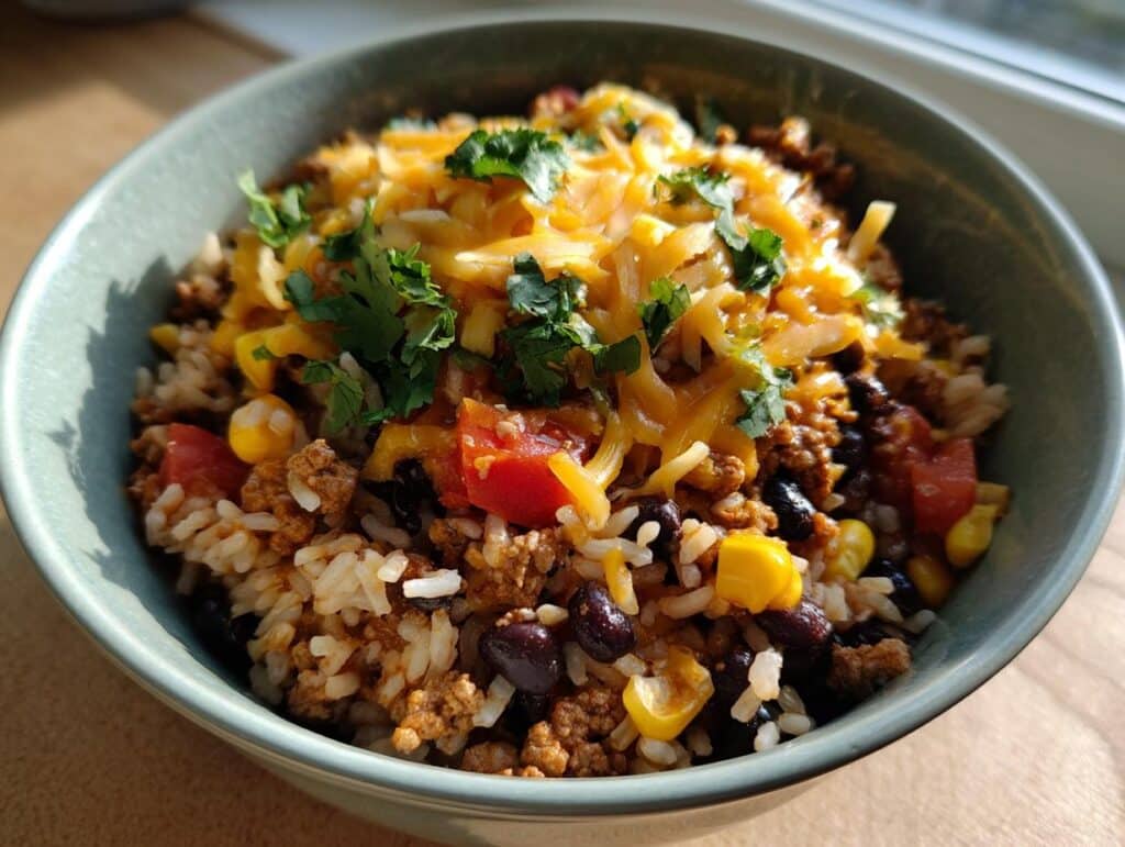 A vibrant Ground Turkey Taco Bowl filled with seasoned ground turkey, rice, black beans, corn, tomatoes, shredded cheese, and fresh cilantro.