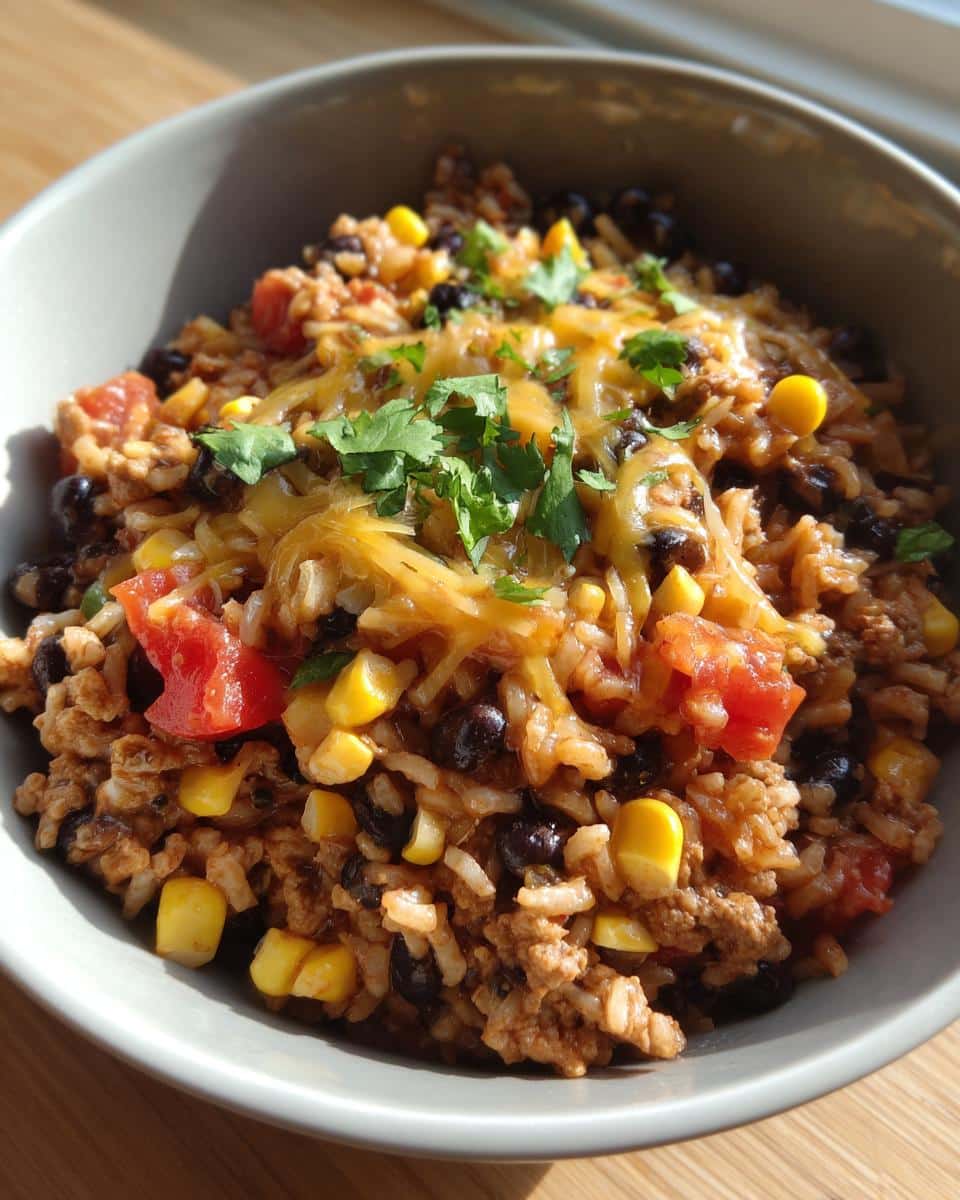 A close-up of a Ground Turkey Taco Bowls in a grey bowl, topped with melted cheese and fresh cilantro.