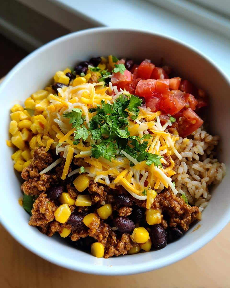 A vibrant Ground Turkey Taco Bowls with rice, ground turkey, black beans, corn, diced tomatoes, shredded cheese, and fresh cilantro.