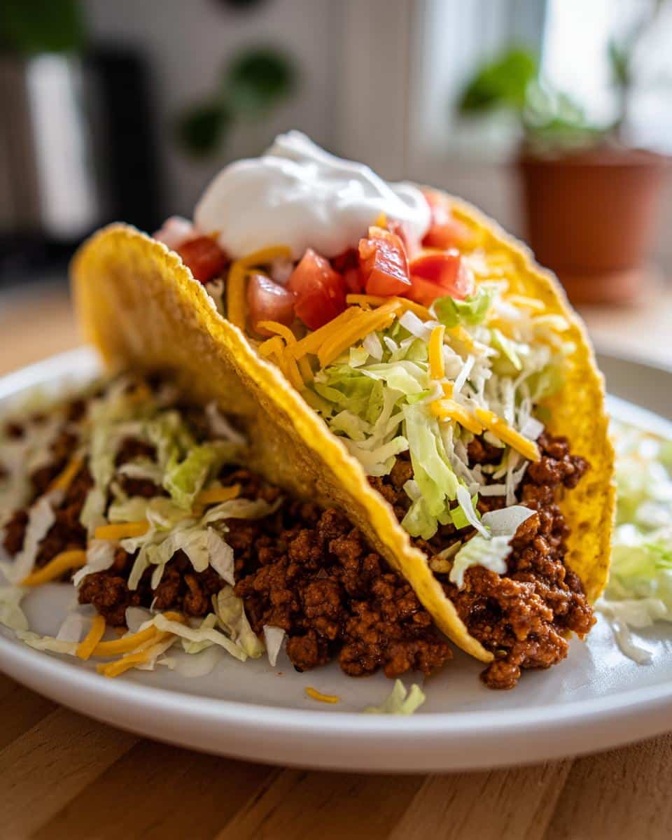 Two hard shell tacos filled with seasoned ground beef, shredded lettuce, cheddar cheese, diced tomatoes, and a dollop of sour cream, perfect for Family Taco Night Favorites.
