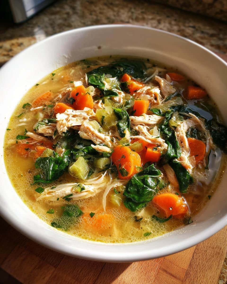 45-Minute Hearty Vegetable Chicken Soup That Never Fails 4 A close-up of a white bowl filled with Hearty Vegetable Chicken Soup, showing shredded chicken, carrots, spinach, and celery.