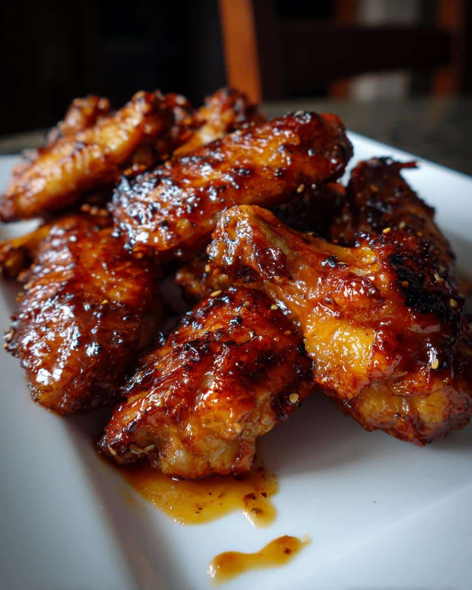 A close-up of glossy, golden-brown Honey BBQ Air Fryer Wings piled on a white plate with sauce pooling.