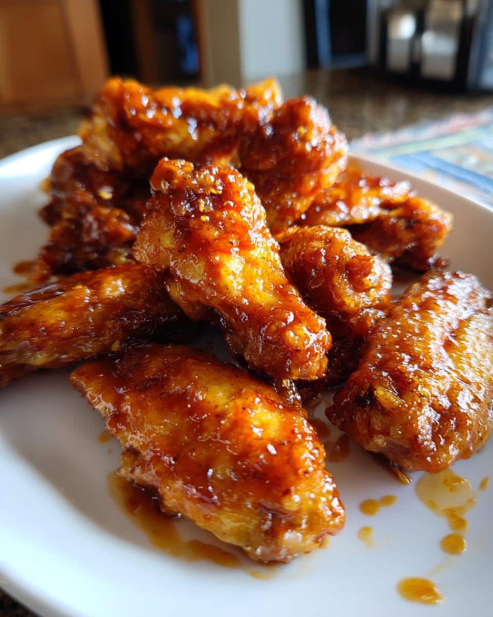 Close-up of a white plate piled high with glistening Honey BBQ Air Fryer Wings, coated in a rich, sticky sauce.