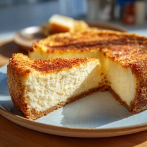 A close-up of a slice of Honey Garlic Cheesecake with a golden-brown top, next to the rest of the cake.