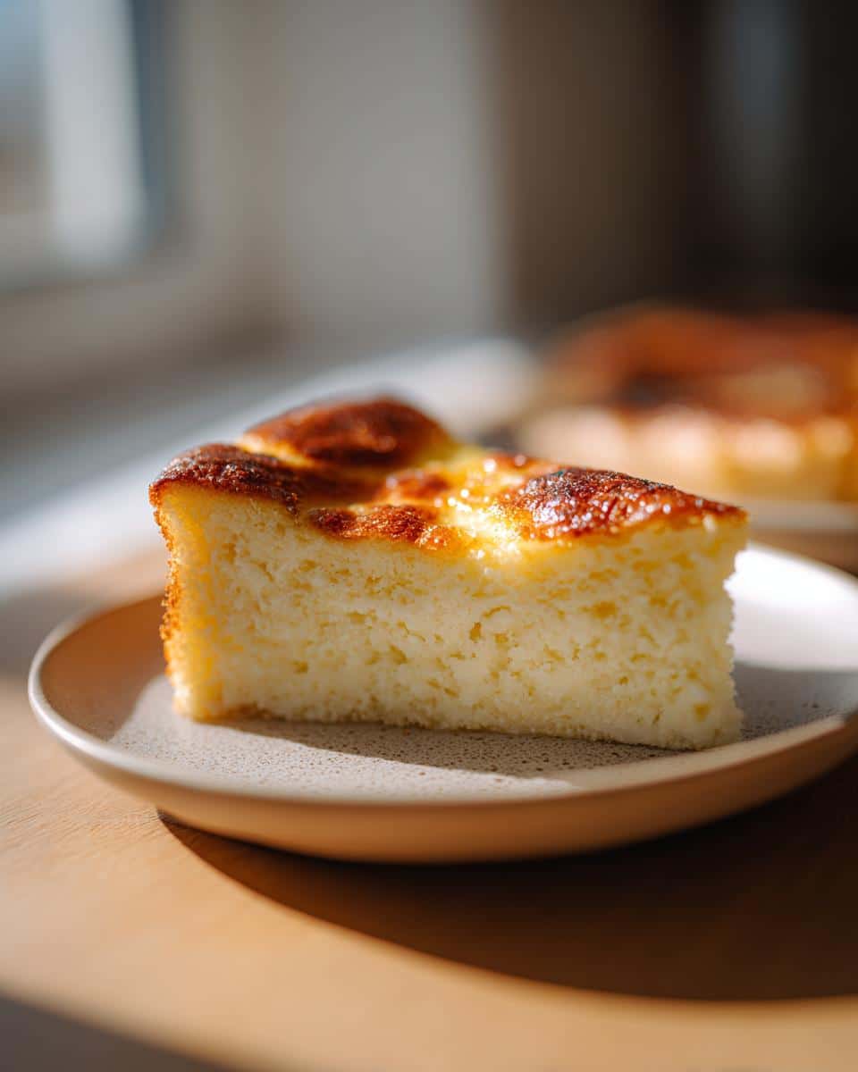 A close-up shot of a single slice of Honey Garlic Cheesecake with a golden-brown top, served on a light-colored plate.