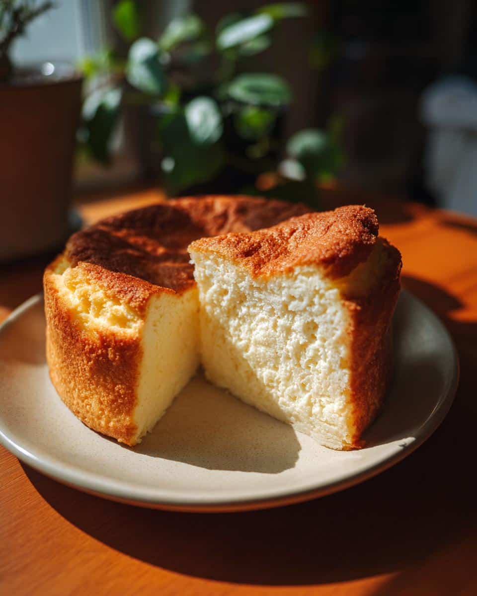 A whole Honey Garlic Cheesecake on a plate with one slice cut out, showing its light and airy texture.