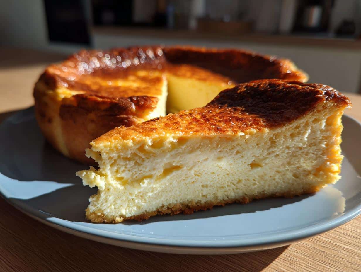 A golden-brown slice of Honey Garlic Cheesecake on a blue plate, with the rest of the cheesecake in the background.