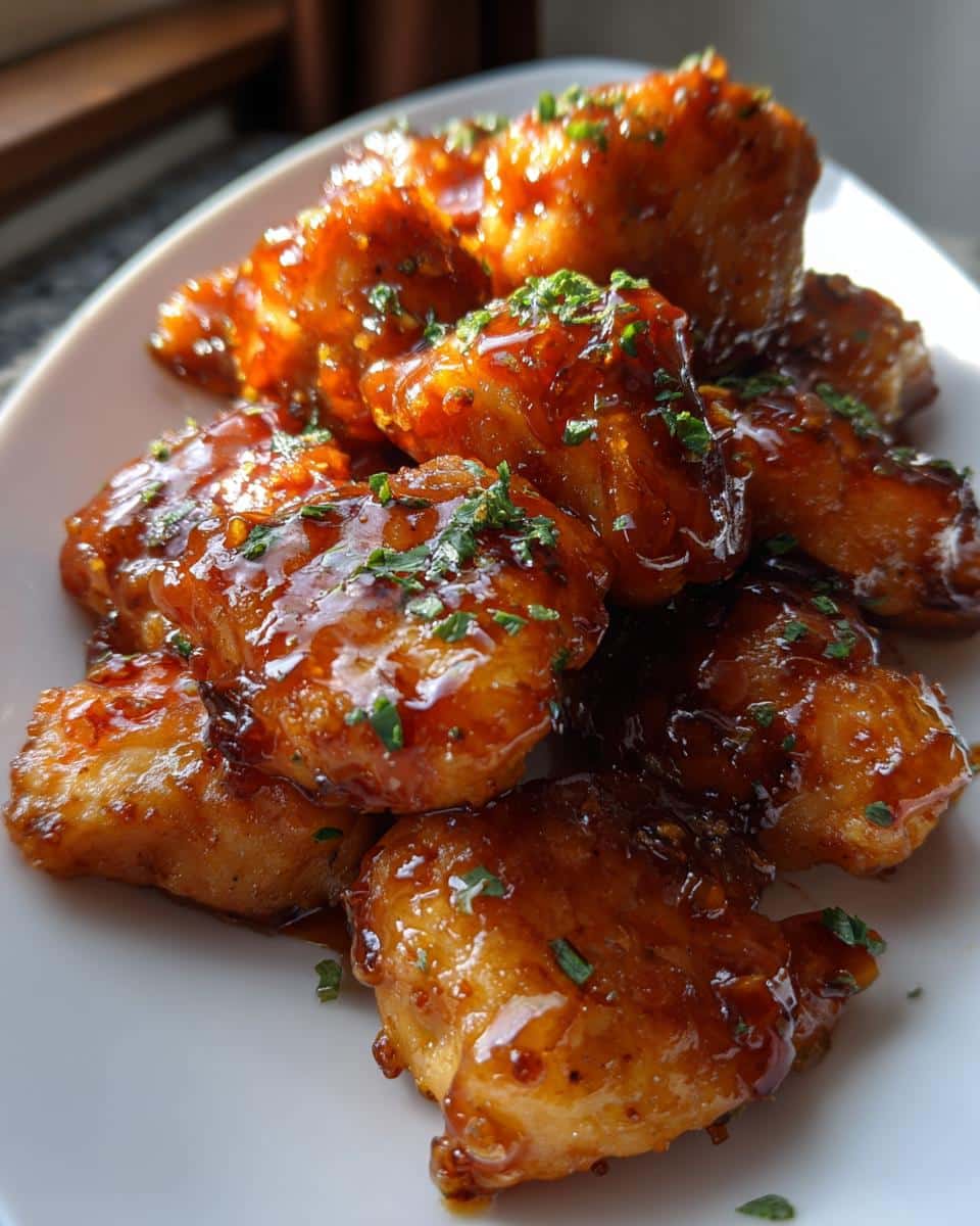 Close-up of glistening Honey Garlic Chicken Breast pieces on a white plate, garnished with fresh herbs.