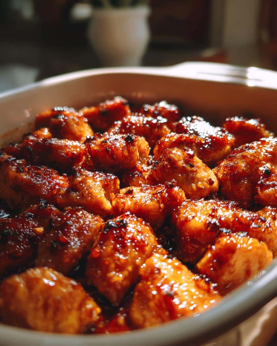 Close-up of golden brown pieces of Honey Garlic Chicken Casserole in a baking dish, glistening with sauce.