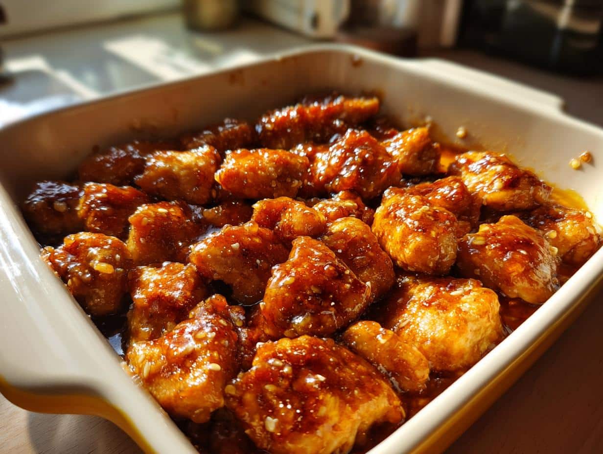 Close-up of golden-brown chicken pieces coated in a glossy honey garlic sauce, sprinkled with sesame seeds, in a casserole dish. Honey Garlic Chicken Casserole.