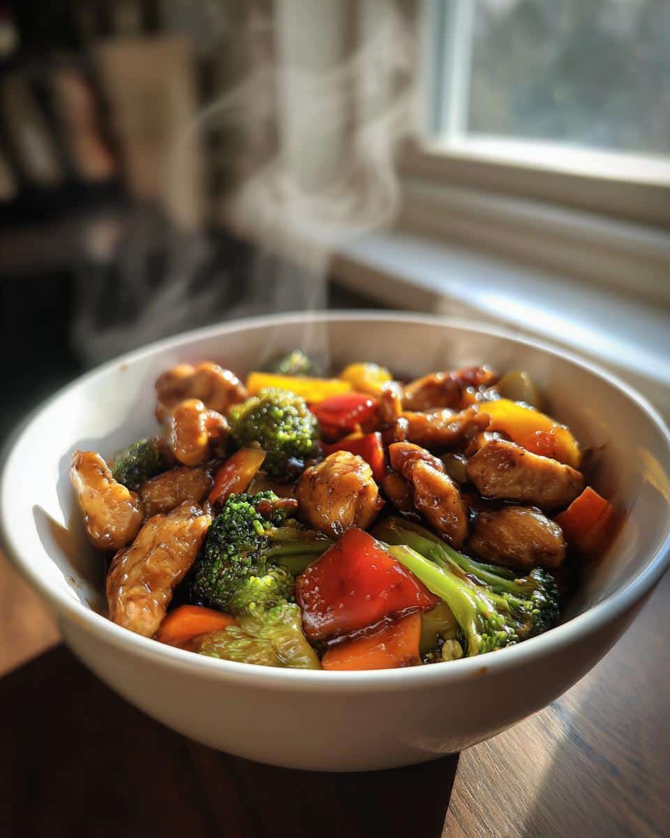 A steaming bowl of fresh Honey Garlic Chicken Stir Fry with Veggies, featuring chicken pieces, broccoli, bell peppers, and carrots.