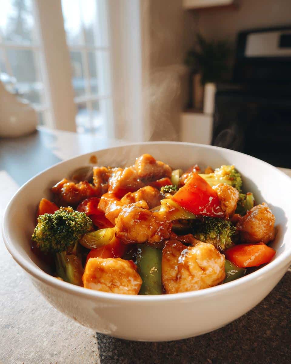 A close-up of a steaming bowl of Honey Garlic Chicken Stir Fry with Veggies, featuring chicken pieces, broccoli, and bell peppers.