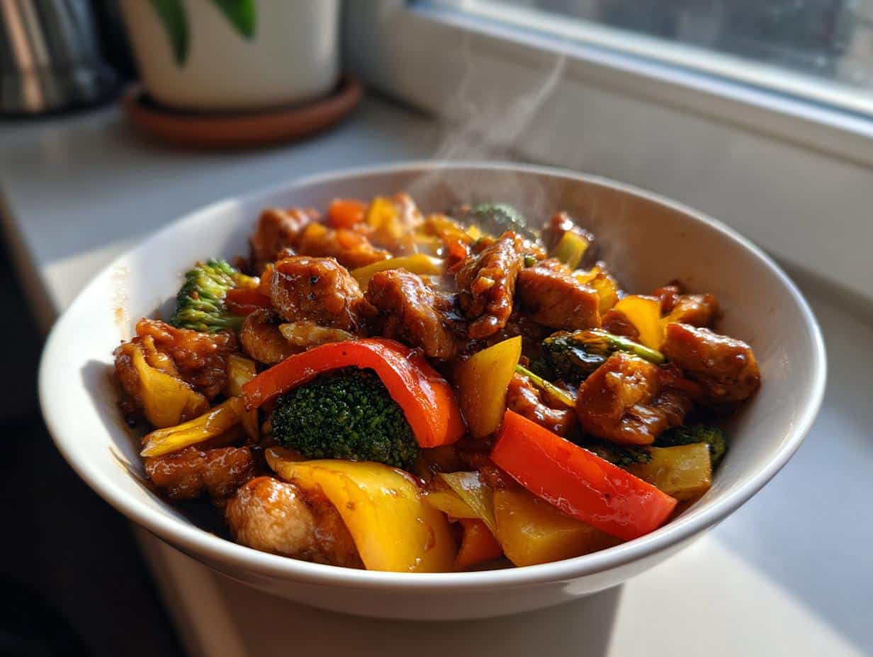 A steaming bowl of Honey Garlic Chicken Stir Fry with Veggies, featuring chicken pieces, broccoli, and colorful bell peppers.