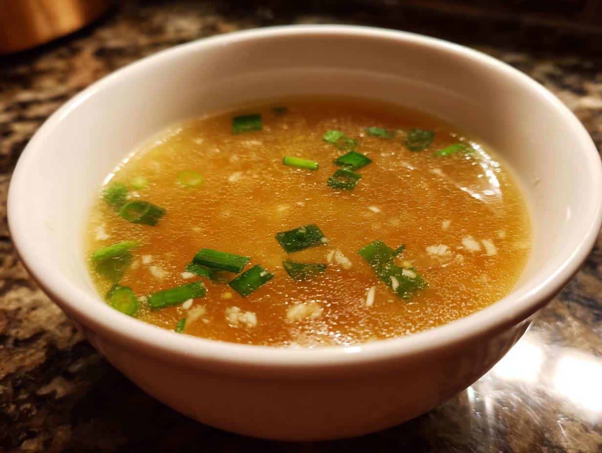 A close-up of a white bowl filled with golden Honey Garlic Soup, garnished with chopped green scallions and minced garlic.