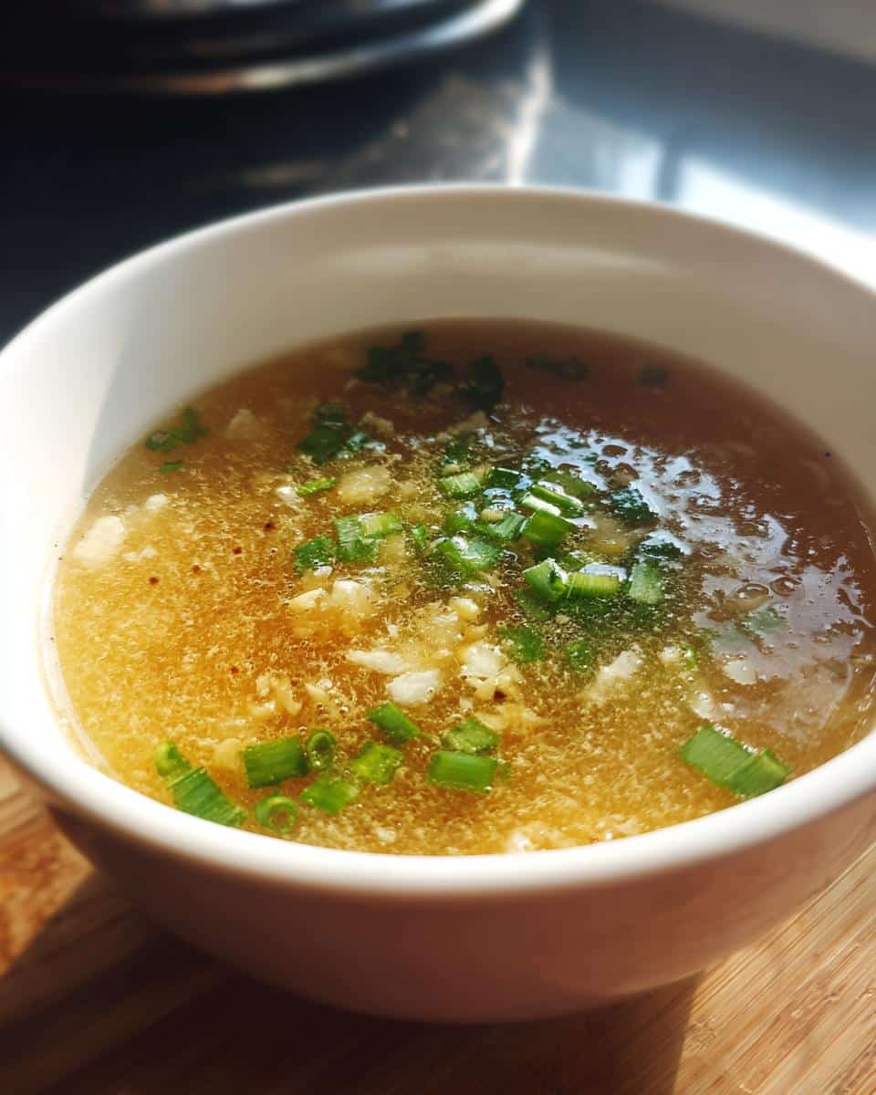 A close-up shot of a white bowl filled with golden Honey Garlic Soup, garnished with chopped green onions and visible minced garlic.