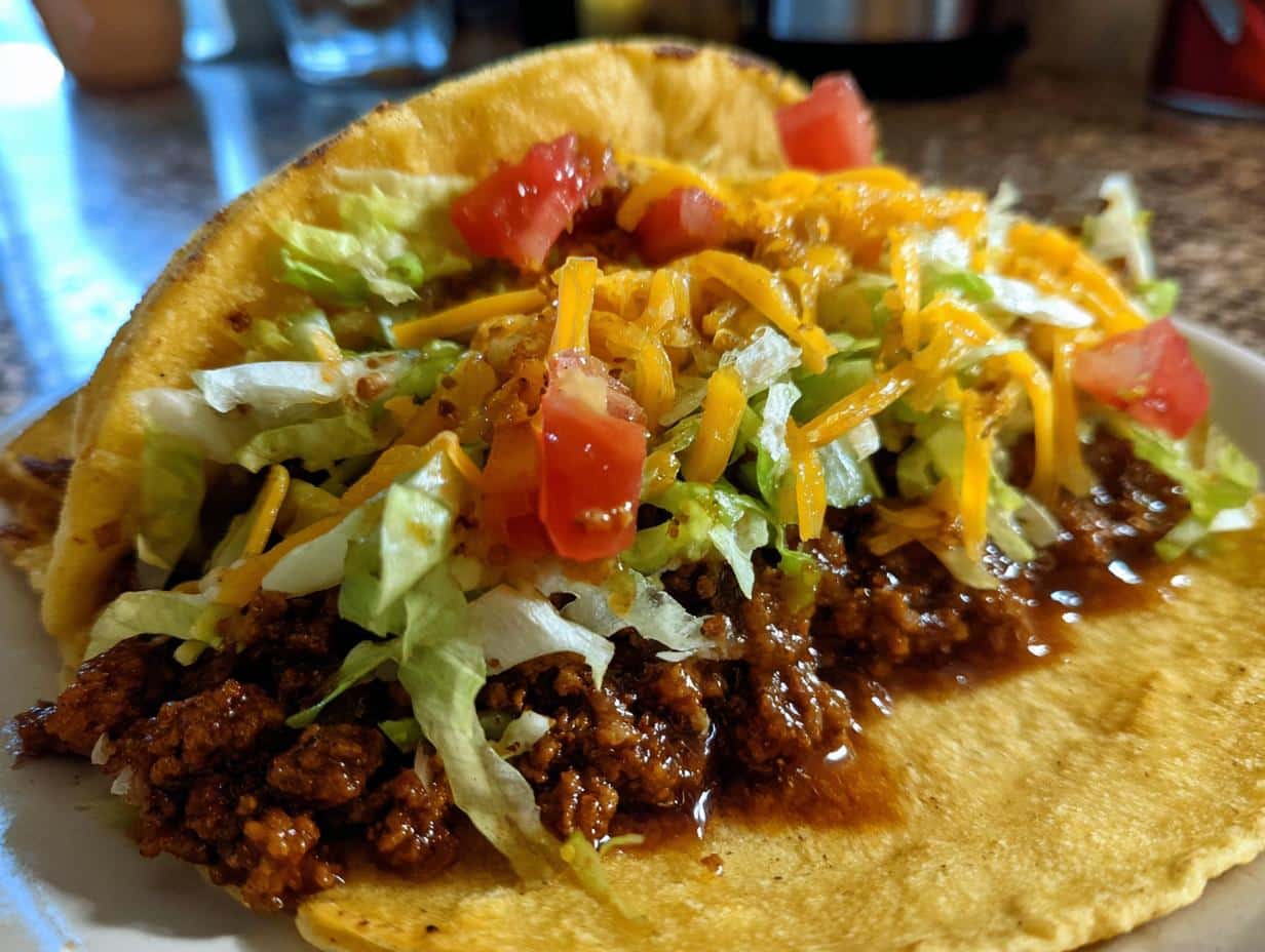 A close-up of a fully loaded Honey Garlic Taco with ground meat, shredded lettuce, diced tomatoes, and shredded cheese.