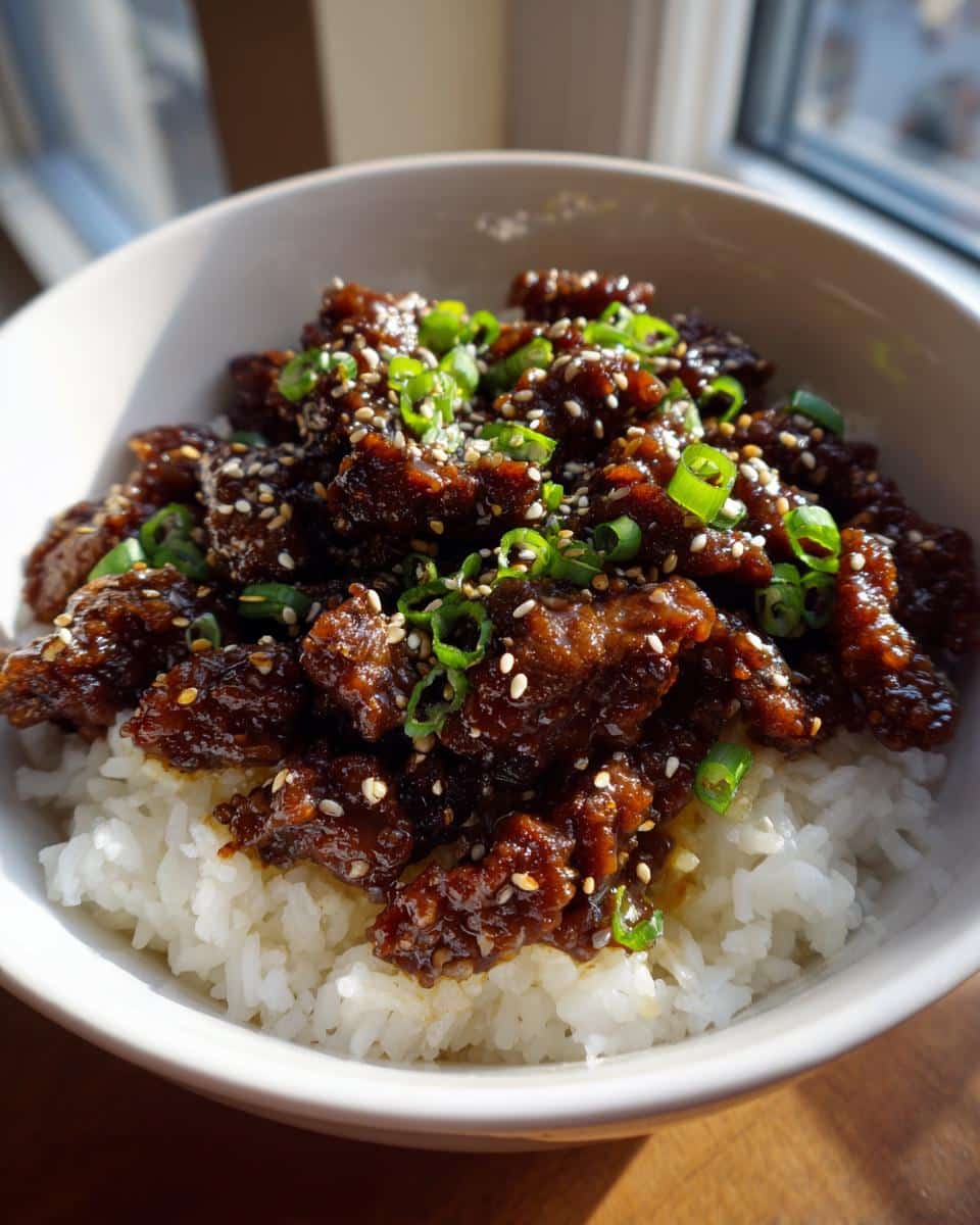 A close-up of a Korean Style Ground Beef Bowls with fluffy white rice, savory ground beef, green onions, and sesame seeds.