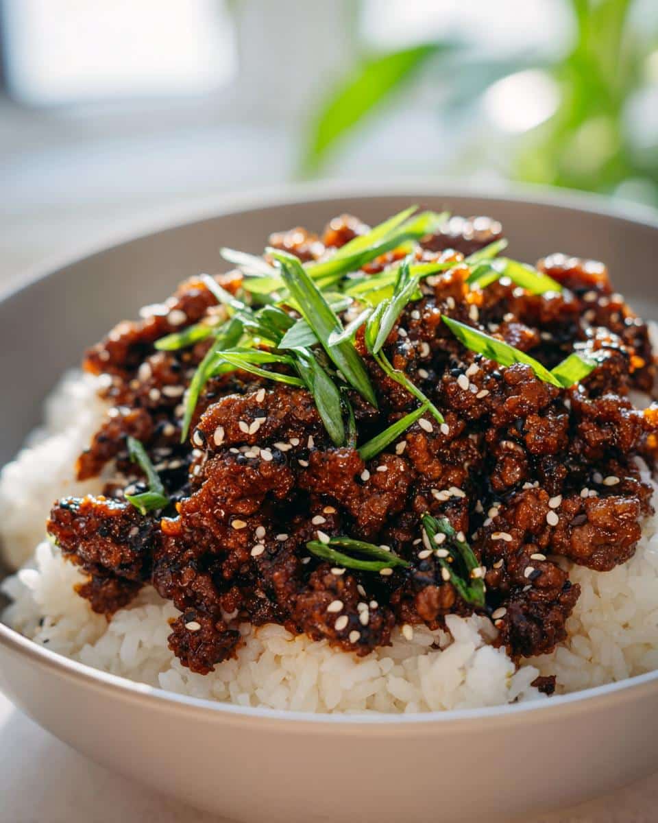 A close-up of a delicious Korean Style Ground Beef Bowls, topped with sesame seeds and green onions, served over white rice.