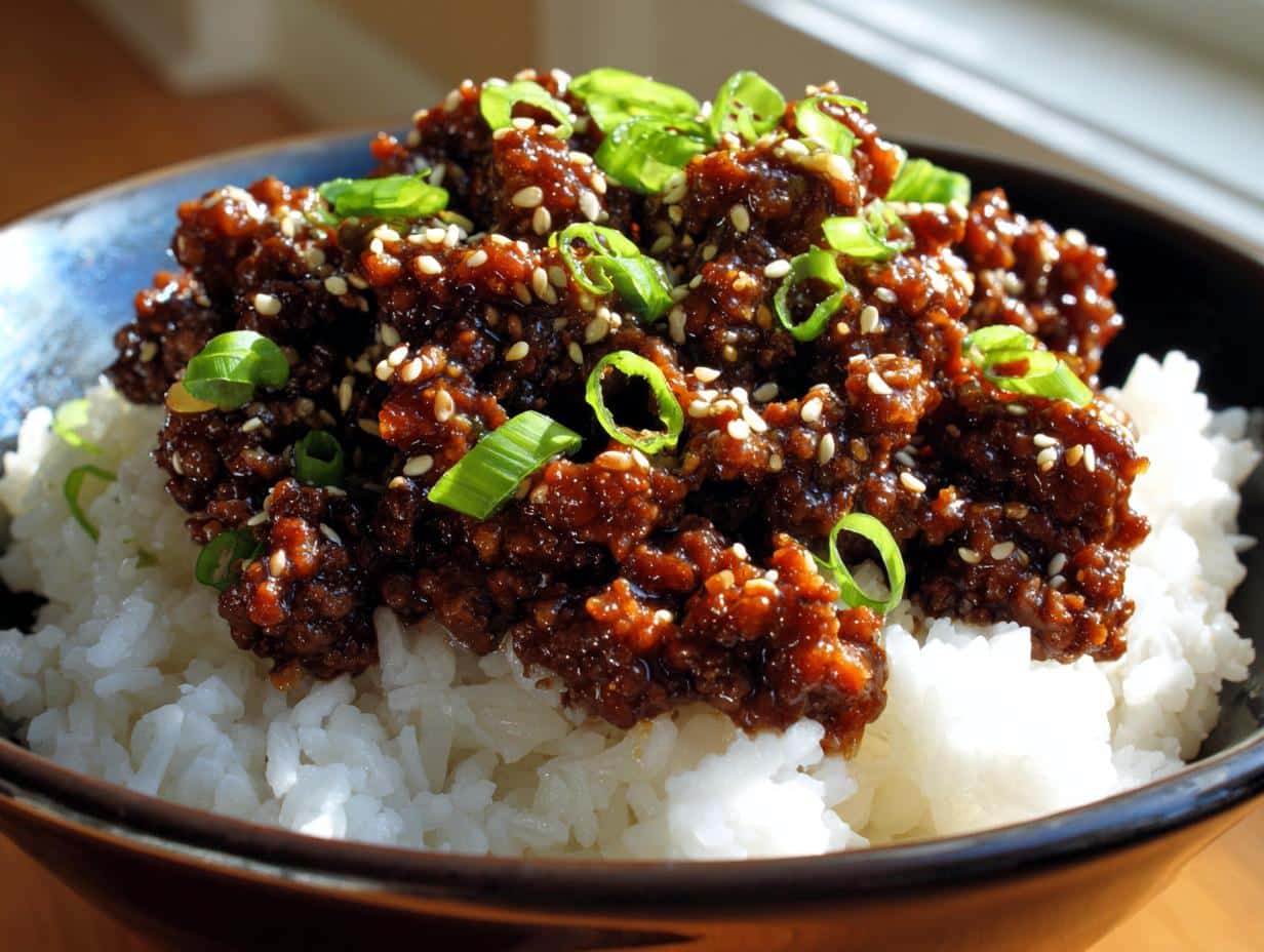 A close-up of a delicious Korean Style Ground Beef Bowls, topped with white sesame seeds and chopped green onions, served over fluffy white rice.