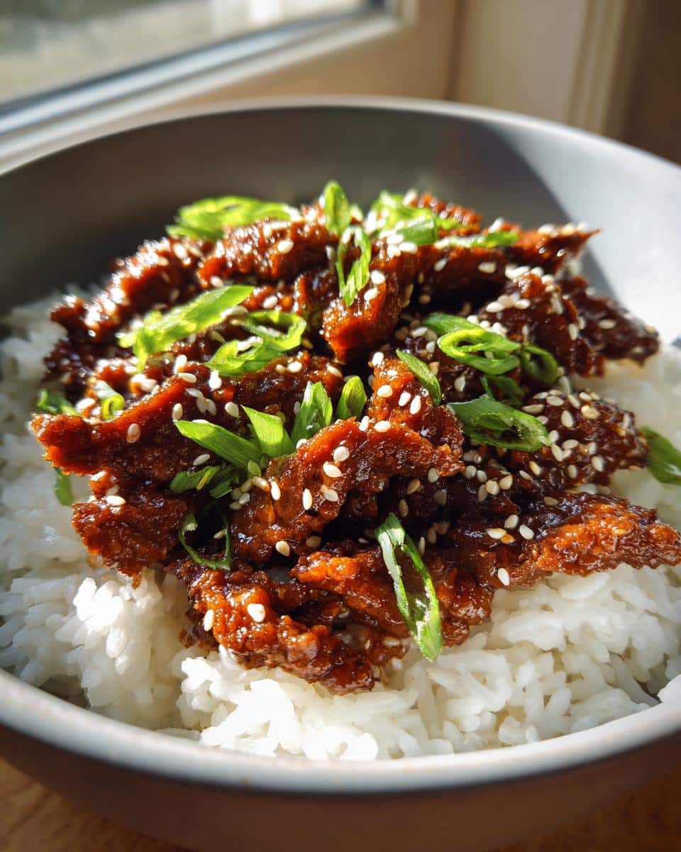 A close-up of a delicious Korean Style Ground Beef Bowls, topped with sesame seeds and chopped green onions, served over white rice in a bowl.