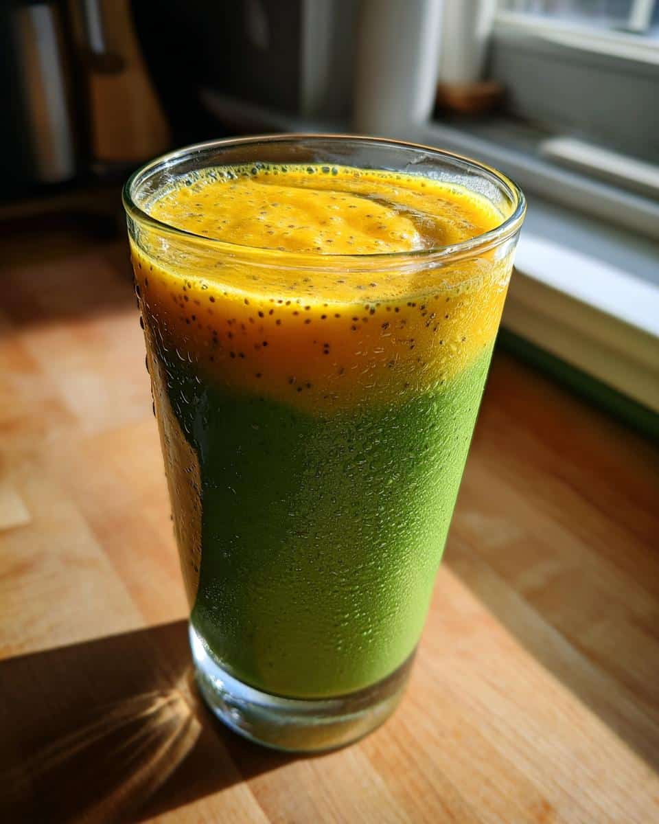 A tall glass of layered Tropical Spinach Smoothie with a green bottom layer and a yellow top layer with chia seeds, on a wooden surface.