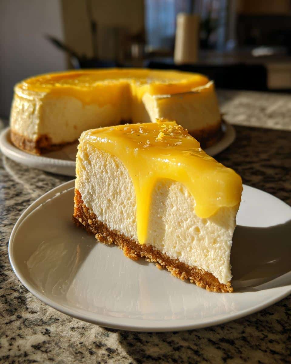 A delectable slice of Lemon Curd Cheesecake on a white plate, with the whole cheesecake visible in the background.