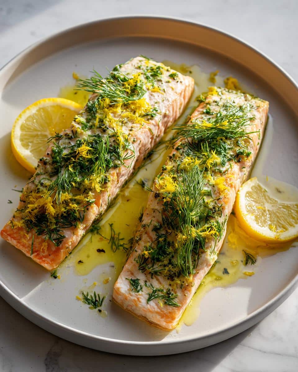 Two perfectly cooked Lemon Dill Salmon fillets on a white plate, garnished with fresh dill, lemon zest, and lemon slices.