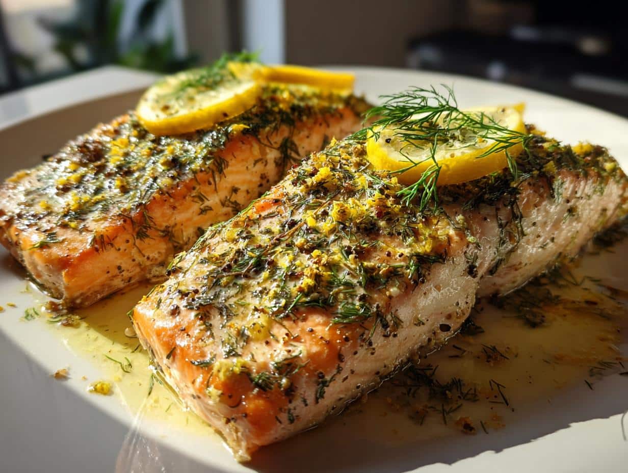Two beautifully cooked Lemon Dill Salmon fillets on a white plate, garnished with fresh lemon slices and dill.