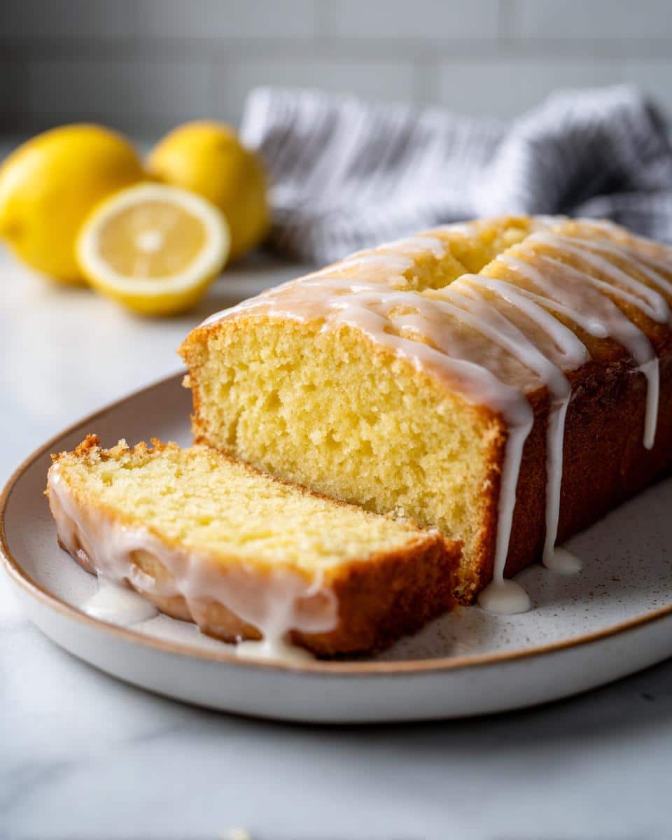 A golden brown Lemon Glaze Pound Cake loaf on a plate with one slice cut, drizzled with white glaze.