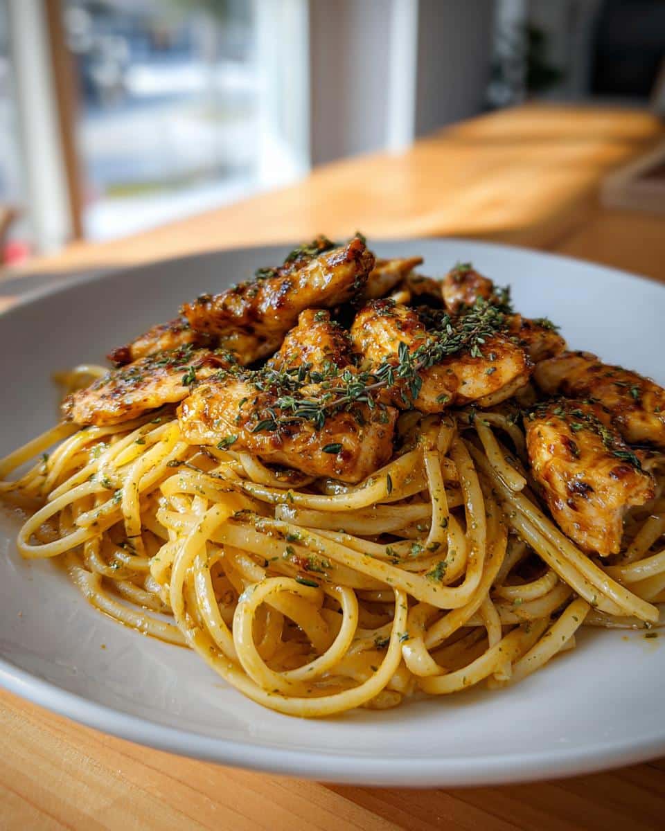 A close-up of a white bowl filled with Lemon Herb Butter Chicken Pasta, garnished with fresh herbs.