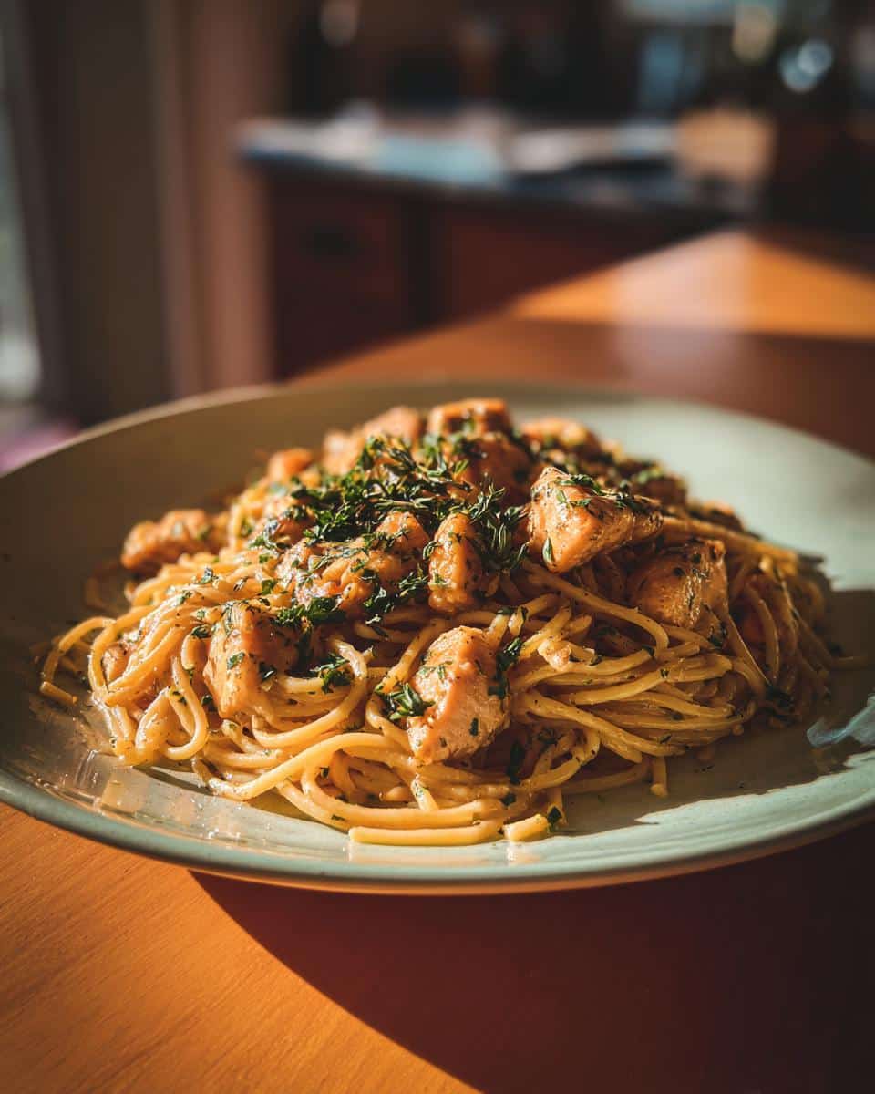 Close-up of a plate of Lemon Herb Butter Chicken Pasta, garnished with fresh herbs, on a wooden table.