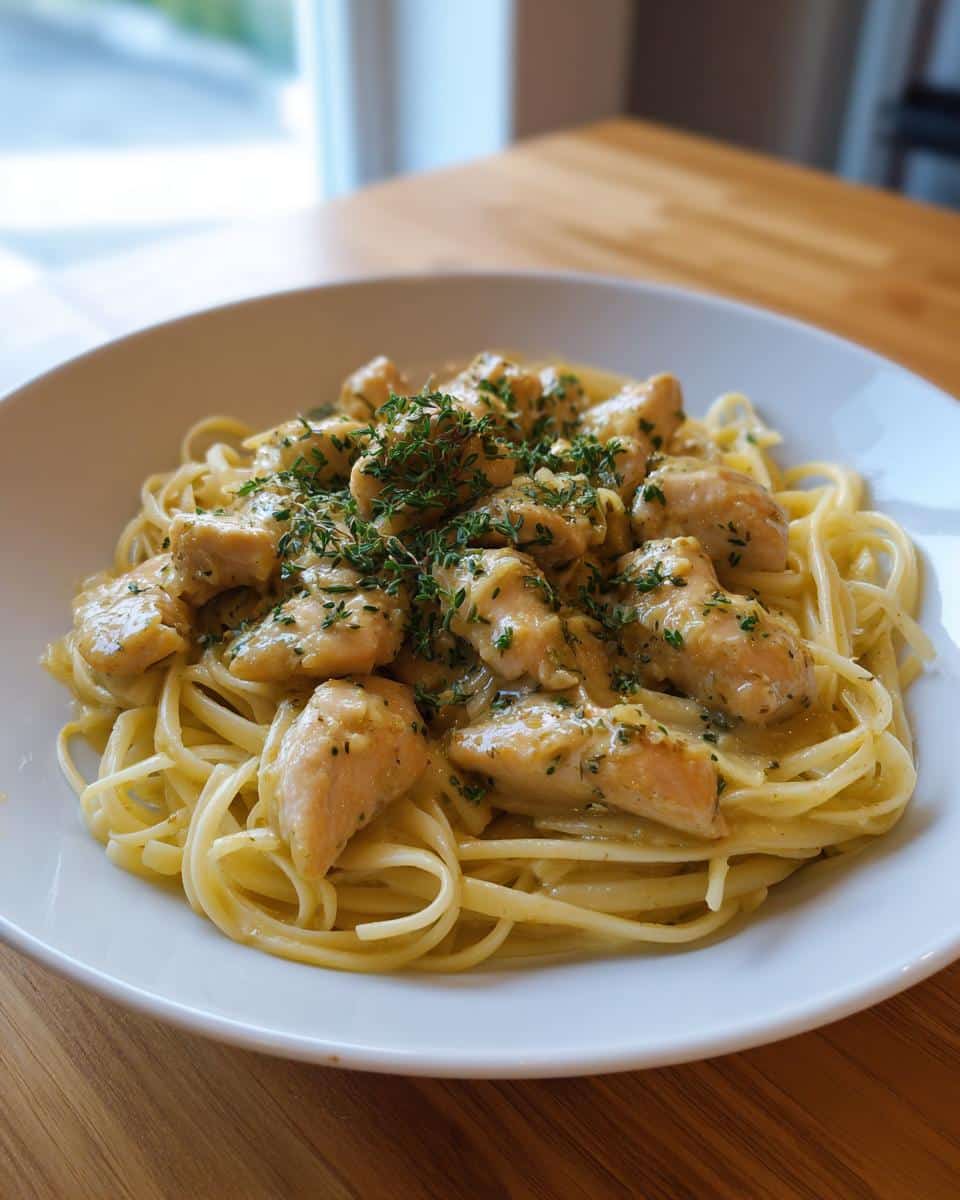 A close-up shot of a white bowl filled with Lemon Herb Butter Chicken Pasta, garnished with fresh herbs.
