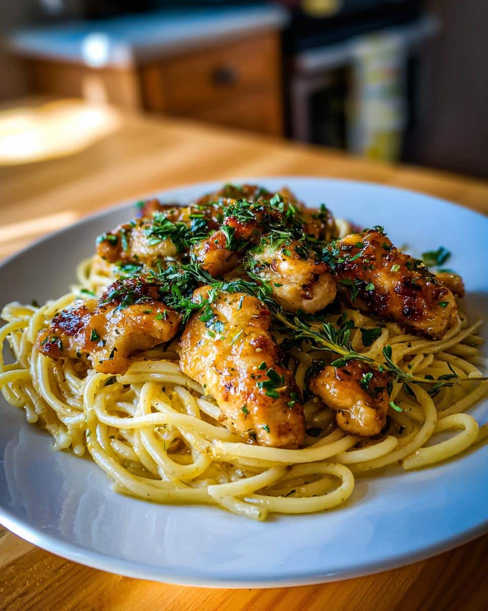 A close-up of Lemon Herb Butter Chicken Pasta on a white plate, featuring golden chicken pieces, spaghetti, and fresh herbs.