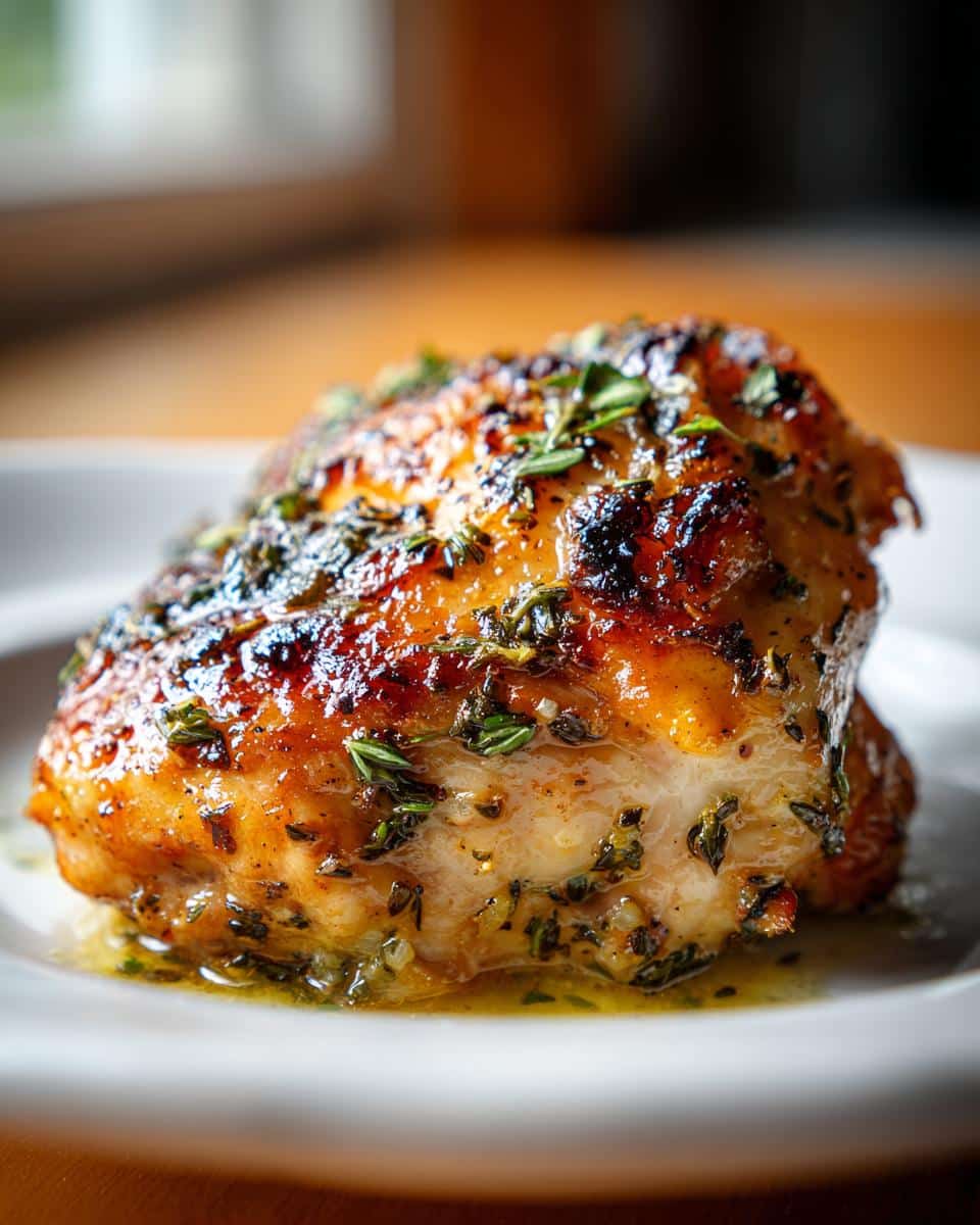 Close-up of a golden-brown Lemon Herb Chicken Breast, glistening with sauce and fresh herbs on a white plate.